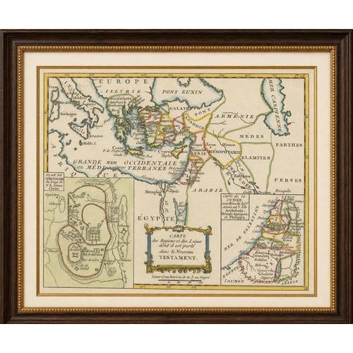 New Testament Holy Land Map with Jerusalem Plan, French, c.1779 This finely engraved and beautifully hand-colored 18th-...