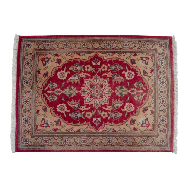 Distressed Turkish Yastik Petite Rug Low Pile Hand Knotted Mat - 1'8'' X 2'4'' For Sale