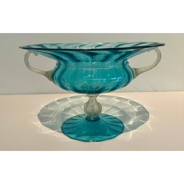 Italian Murano Glass Blue Footed Bowl With Gold Handles and Pedestal For Sale - Image 9 of 10