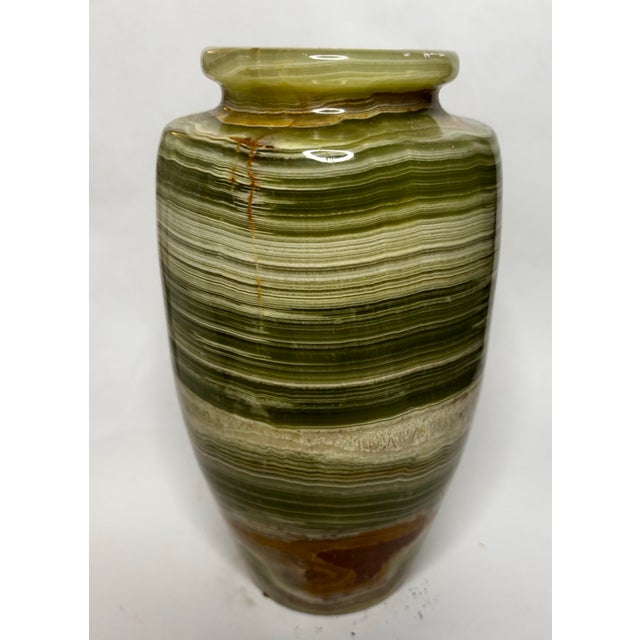 Vintage Green Banded Onyx Calcite Stone Vase, 8" For Sale - Image 4 of 5