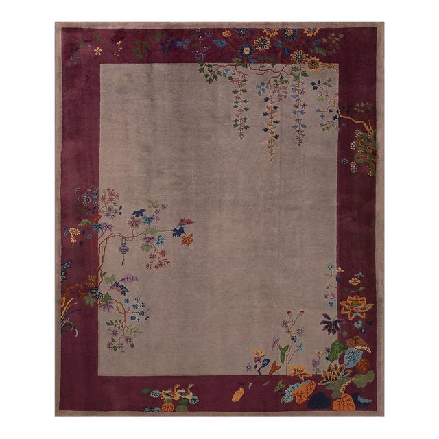 1920s Mauve Open Field Floral Antique Chinese Art Deco Rug by Nichols Workshop For Sale