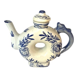 Vintage Chinoiserie Blue & White Floral Donut Shaped Tea Pot and Lid For Sale