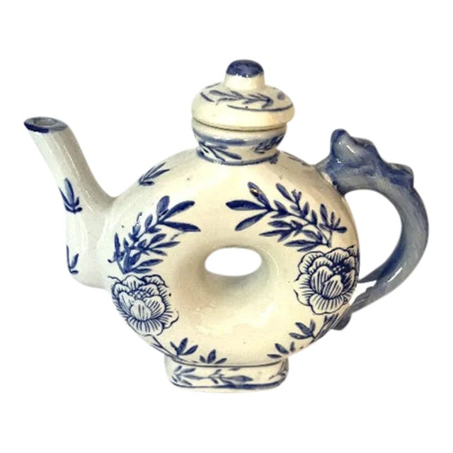 Vintage Chinoiserie Blue & White Floral Donut Shaped Tea Pot and Lid For Sale