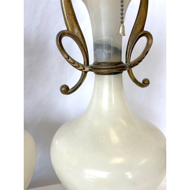 Antique Art Deco/ Hollywood Regency Style Alabaster Table Lamps With Bronze Figureheads- A Pair For Sale - Image 12 of 18