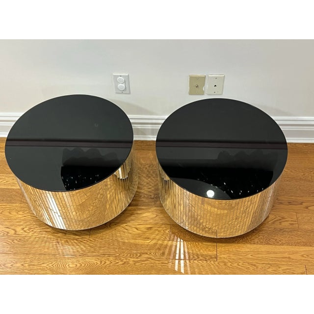1970 Disco Mirror Drum Side Tables - a Pair. These are original vintage pieces from the 1970, some mirror pieces on the...