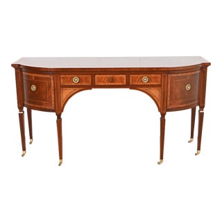 Baker Furniture Stately Homes Collection Sheraton Bow Front Inlaid Mahogany Sideboard, Newly Refinished For Sale