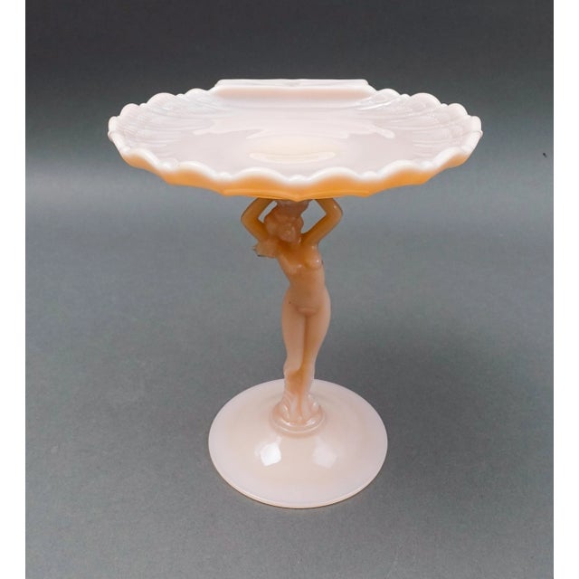 Glass Vintage Mid 20th Century Cambridge Crown Tuscan Pink Statuesque Figural Lady Glass Compote For Sale - Image 7 of 7