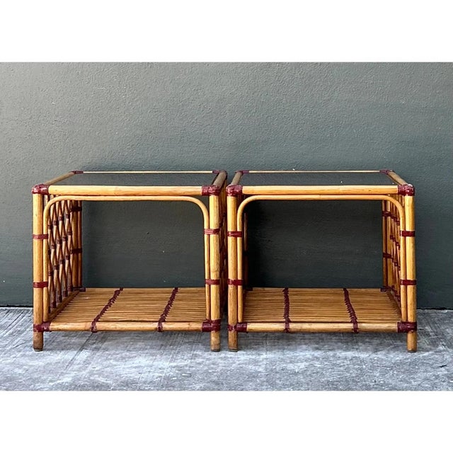 Vintage Trellis Rattan and Glass Side Tables - Pair For Sale - Image 9 of 12