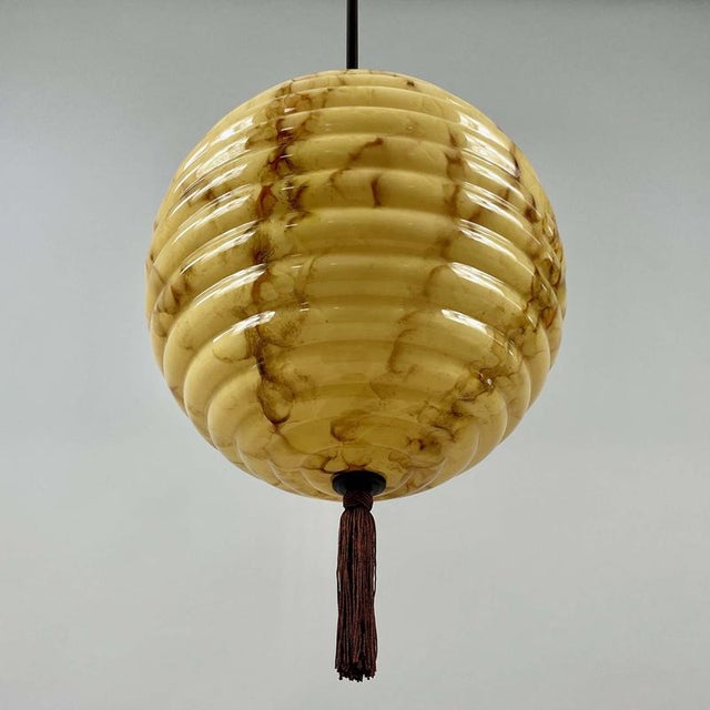 Opaline Glass and Burnished Brass Beehive Ball Pendant, Germany, 1930s For Sale - Image 4 of 18