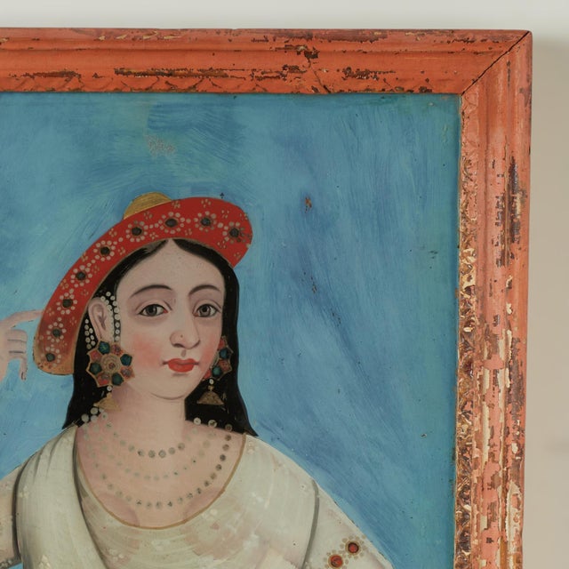 Antique Indian Reverse Painted Portrait of Woman on Glass For Sale - Image 4 of 12