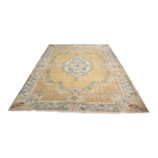 Faded Floral Vintage Turkish Rug, Golden Earth Tone Carpet, Quiet Luxury Living Room Decor For Sale