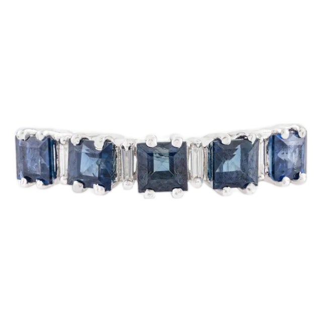 Natural Blue Sapphire Five Stone Ring With Baguette Diamonds in 14k Gold Size 5.5 For Sale