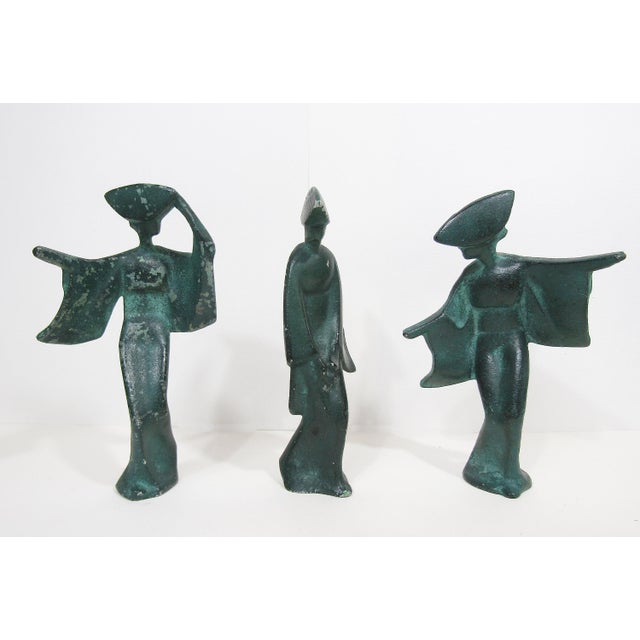 Japanese 1950s Set of 3 Verdigris Cast-Iron Japanese Awa Odori Geisha Dancers, 7" MCM For Sale - Image 3 of 9