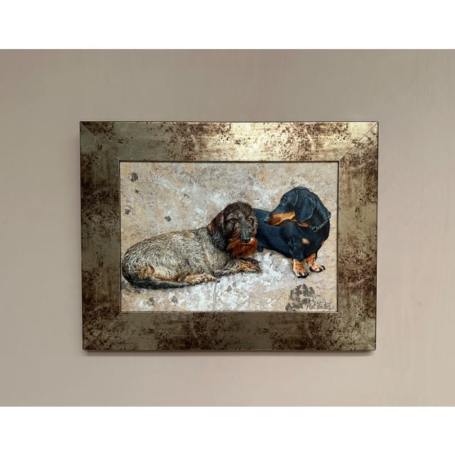 Original Swedish Oil on Canvas – “Dachshunds” by Plat. Victor – Signed – Vintage & Framed – 70 × 54 cm (27.6" × 21.3")...