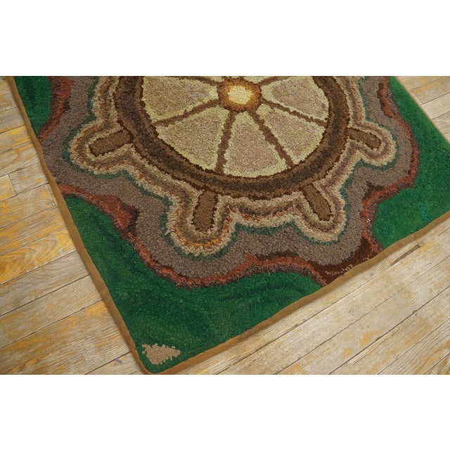 Brown 1930s Green Medallion Antique American Hooked Rug 3'4" X 3'6" Knotted Wool Carpet For Sale - Image 8 of 11