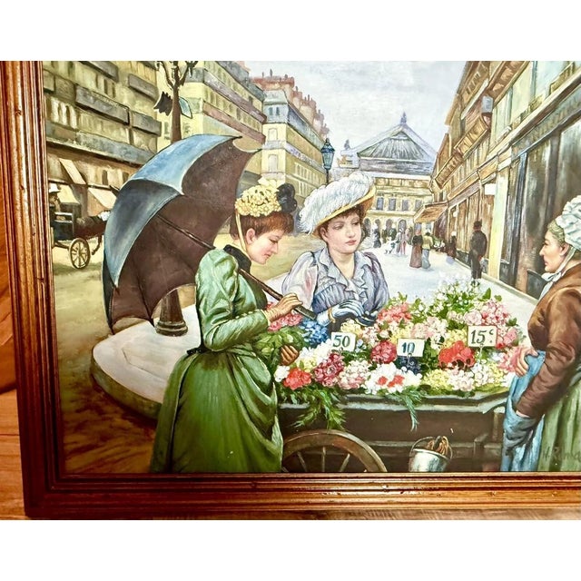 Textile Vintage Oil Painting Signed H. Remande Framed 26x24 Paris France Flower Cart For Sale - Image 7 of 10