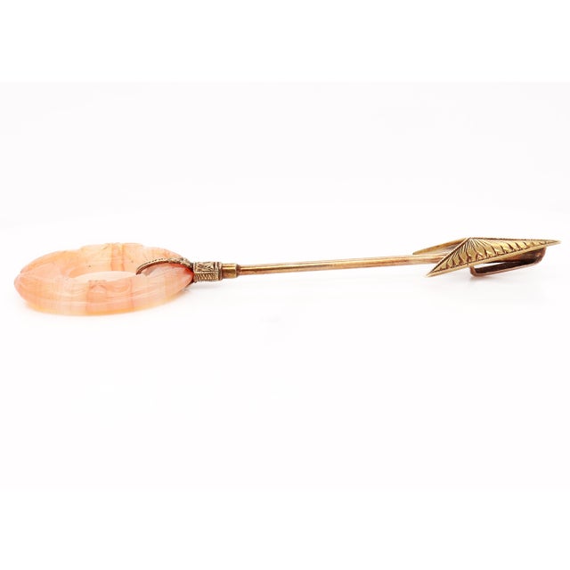 Metal Antique Art Deco 14k Gold and Carved Agate Jabot Pin For Sale - Image 7 of 15