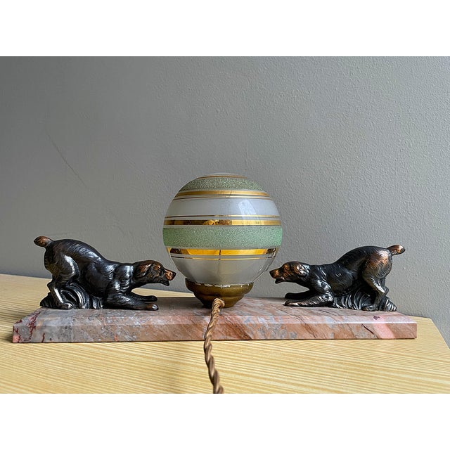 Art Deco French Marble Table Lamp with Dog Figurines, 1940s For Sale - Image 3 of 12