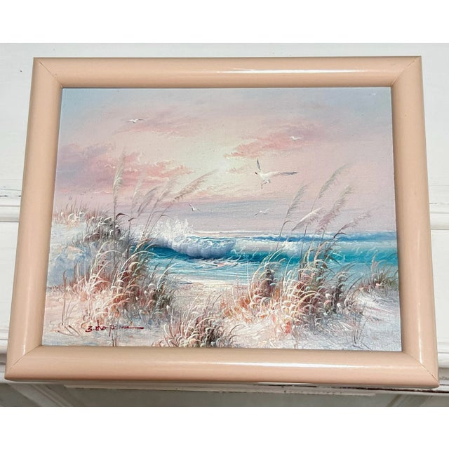 Vintage Coastal Seascape Pink Sunset Breaking Waves Original Oil on Canvas Painting Signed and Framed For Sale - Image 13 of 13