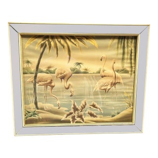 Mid Century White Flamingo Lithograph Print by Turner in Mirror Frame For Sale