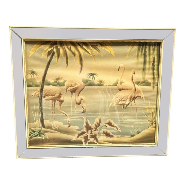 Mid Century White Flamingo Lithograph Print by Turner in Mirror Frame For Sale