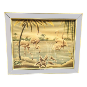 Mid Century White Flamingo Lithograph Print by Turner in Mirror Frame