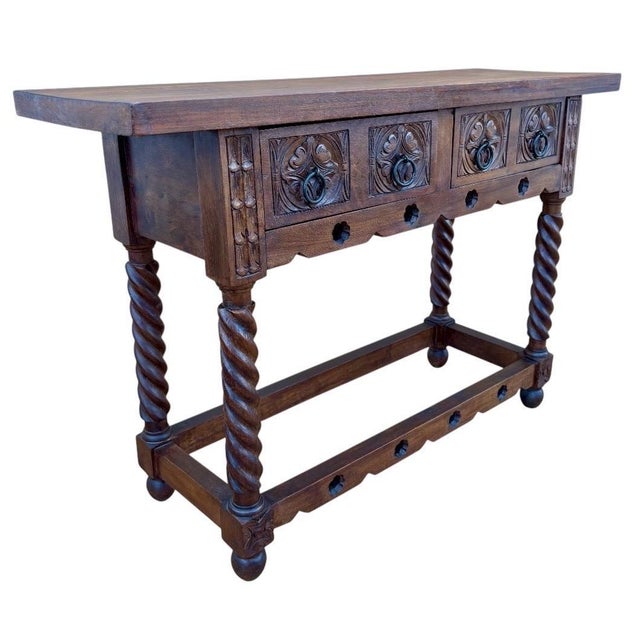 Brown 20th Century Catalan Spanish Carved Wood Console Table For Sale - Image 8 of 14