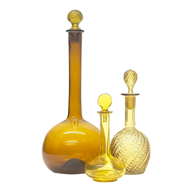 Vintage Amber & Yellow Glass Decanter Curation - Group of 3 For Sale