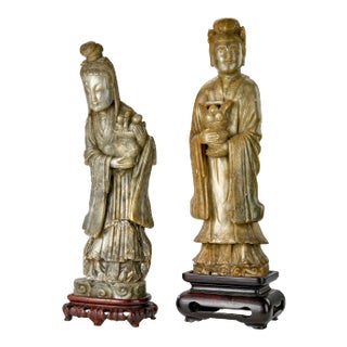 Late 19th Century Asian Jade Sculptures - Male and Female Ritual Figures With Fruit Basket Offerings - a Pair For Sale
