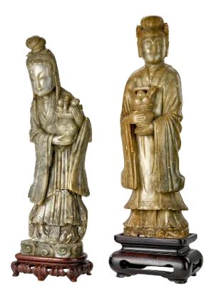 Late 19th Century Asian Jade Sculptures - Male and Female Ritual Figures With Fruit Basket Offerings - a Pair
