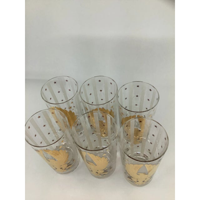 Mid-Century Modern Vintage Gay Fad Highball Collins Cocktail Glasses With Gilt Eagles and Stars and Frosted White Stripes For Sale - Image 3 of 5