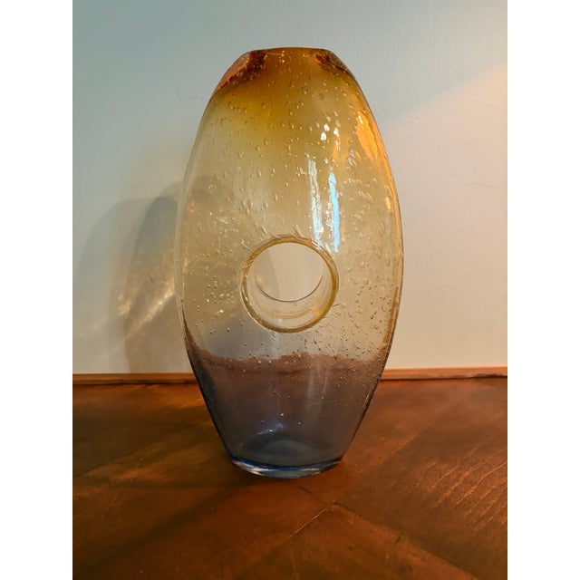 Glass Vintage Hand-Blown Amber Ombré Bubble Glass Open Center Sculptural Vase For Sale - Image 7 of 7