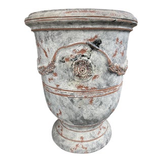 A Single French Terracotta Anduze Planter With Antiqued Gray White Finish For Sale