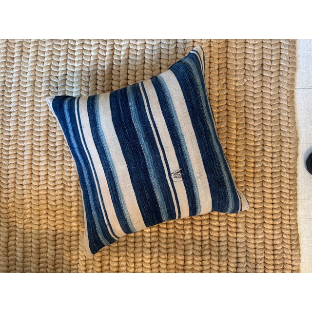 African Pillow Made from Vintage Rustic African Blue Striped Textile For Sale - Image 3 of 10