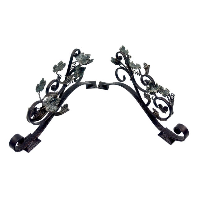 Hand Forged Iron Wall Art Scroll (54cm) Antique Copper & Green Patina Grapevine Motif For Sale