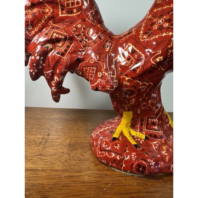 Red Large Porcelain Rooster Figurine Red Paisley Bandana Farmhouse Country Decor For Sale - Image 8 of 14