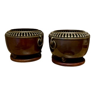 Antique Japanese Art Deco Taisho Bronze Cachepot Planters or Orchid Pots, Circa 1920 - A Pair For Sale