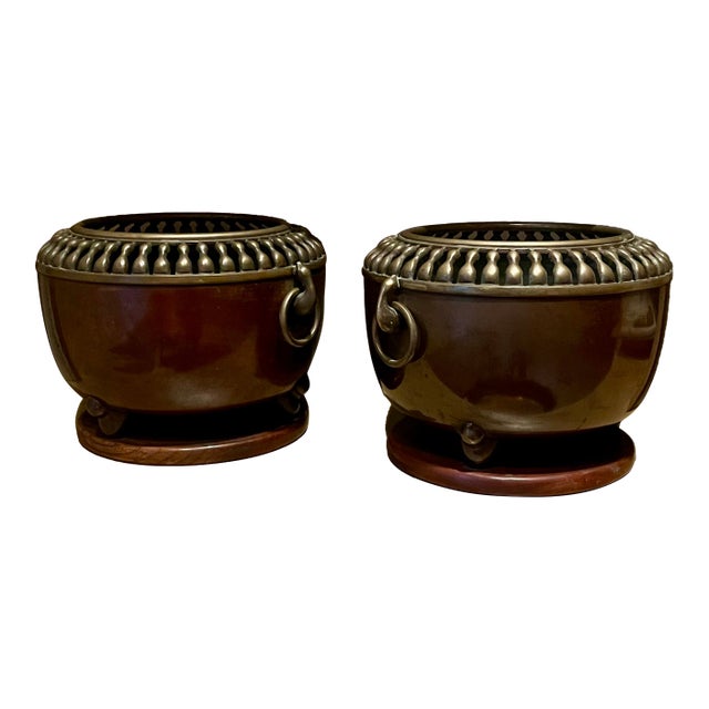Antique Japanese Art Deco Taisho Bronze Cachepot Planters or Orchid Pots, Circa 1920 - A Pair For Sale