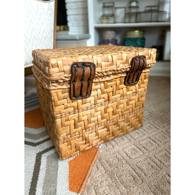 Mid 20th Century Vintage Woven Rattan Storage Box With Leather Closures | Lidded File Box, Custom Designer Fabric Lined Interior, Boho Coastal Decor For Sale - Image 5 of 12