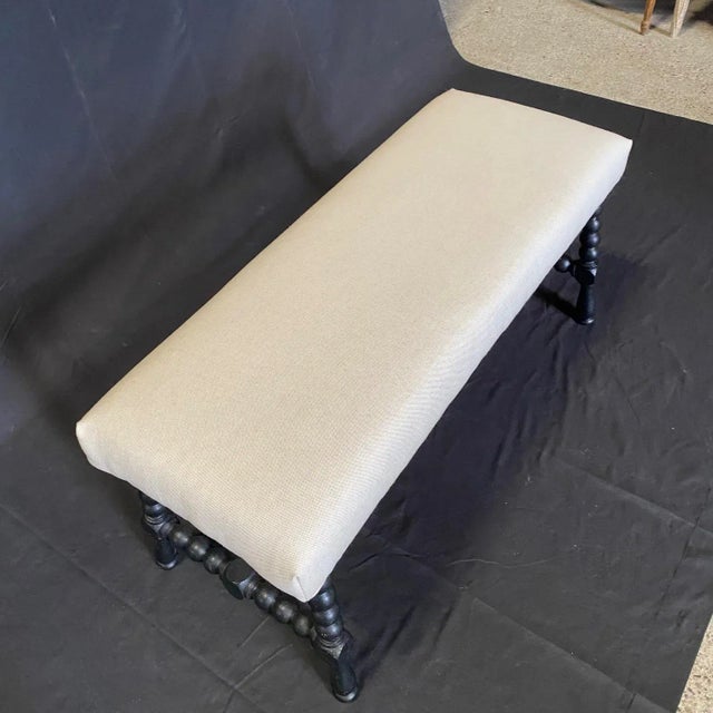 Linen Spanish Antique Ebony Barley Twist Bench Ottoman With Wrought Iron Stretchers For Sale - Image 8 of 9