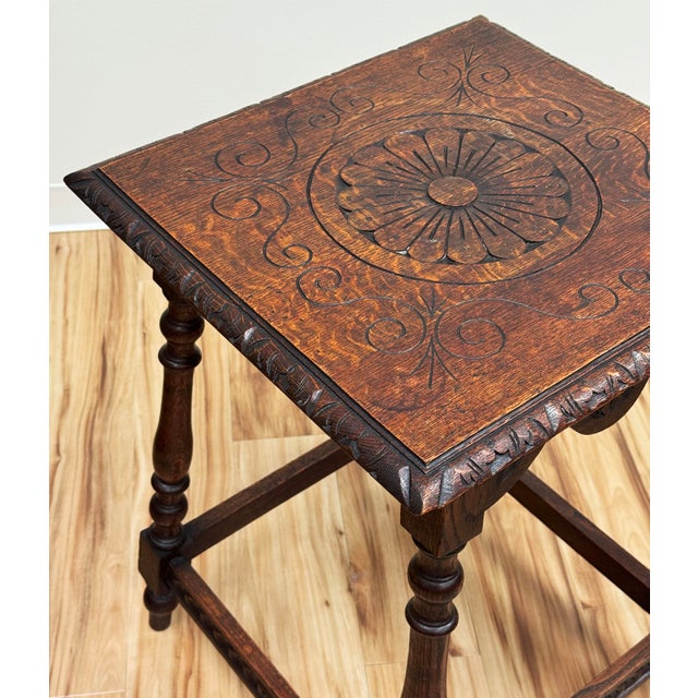 Wood Antique English Carved Oak Side Table Circa 1900 For Sale - Image 7 of 14