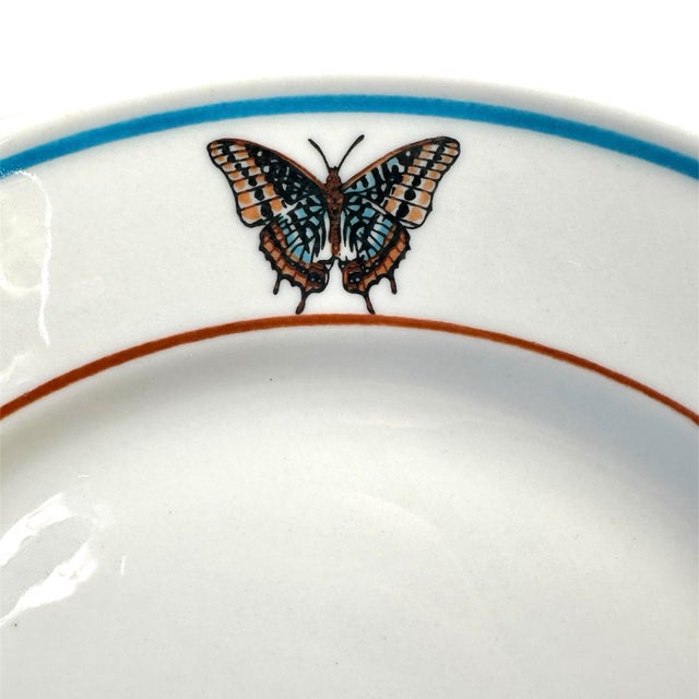 Mid-Century Modern Vintage Lamberton Sterling Butterfly Plates With Banded Details in Orange and Blue, a Set of 8 For Sale - Image 3 of 7