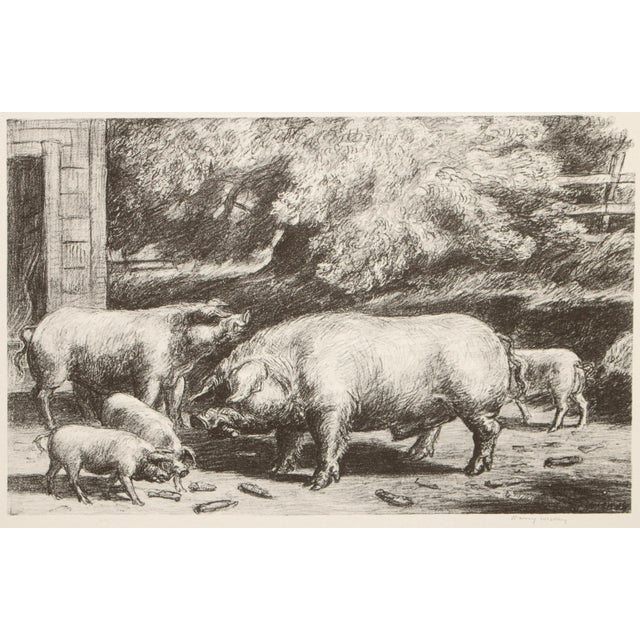 An excellent First Edition period black and white offset lithograph (print) after etching "Hogs Near a Corncrib" by...
