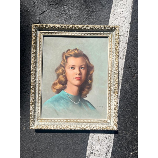 Wonderful 1950s oil portrait of a woman in shades of blue, by famed artist Helen Van Wyk (1930-1994), a noted oil painter...