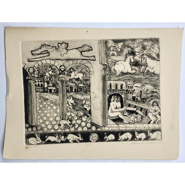"Easter" fantasy etching with nudes, rabbits and Pegasus by Atlanta artist Adrienne Anderson (1949-2020). Anderson earned...