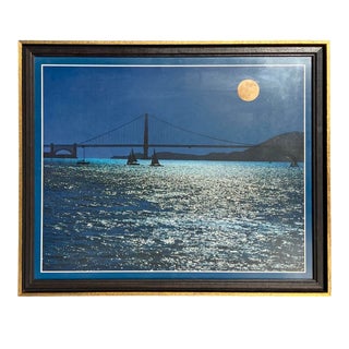 Vintage San Francisco Bridge Under the Moon Framed Photography Art For Sale