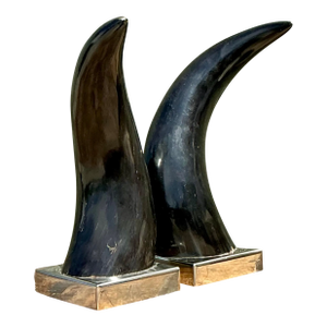 Vintage Natural Horns on Chrome Plinths - Set of 2