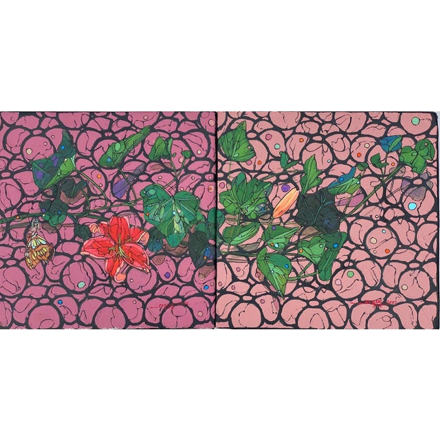 In this diptych, two panels combine to create a vibrant exploration of growth and transformation, featuring lush greenery...