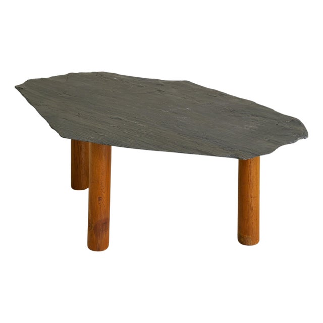 Vintage French Slate Top Coffee Table with Three Wooden Legs For Sale