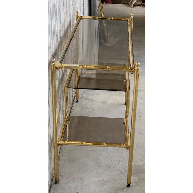 1950s Mid-Century Modern Italian Faux Bamboo Gilt Metal Console With Smoked Glass For Sale - Image 5 of 13